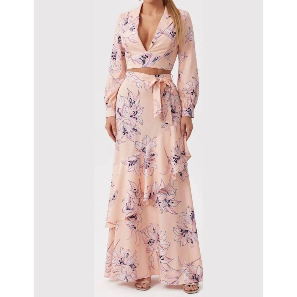 NEW CHICWAYS blossom two-piece crop top & ruffle maxi skirt set in apricot